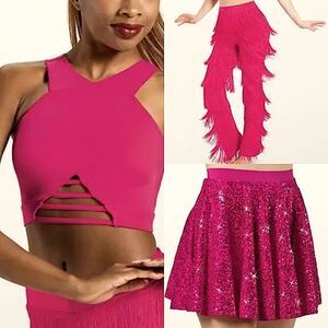Weissman dance costume 3 piece hot pink Barbie fringe pant skirt top MT10485 LA